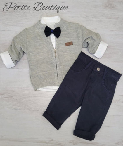 Boys 3pc set zip cardigan, trousers & dickie bow shirt set