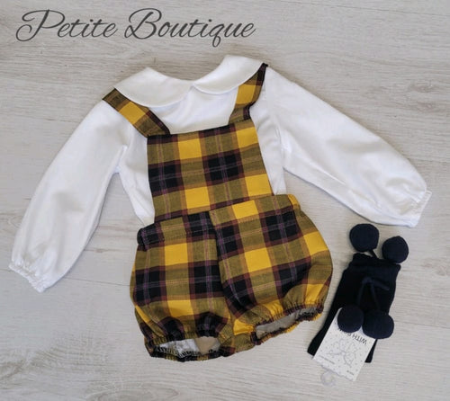 Spanish navy/mustard check romper