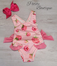 Load image into Gallery viewer, Pink double bow raspberry print swimsuit