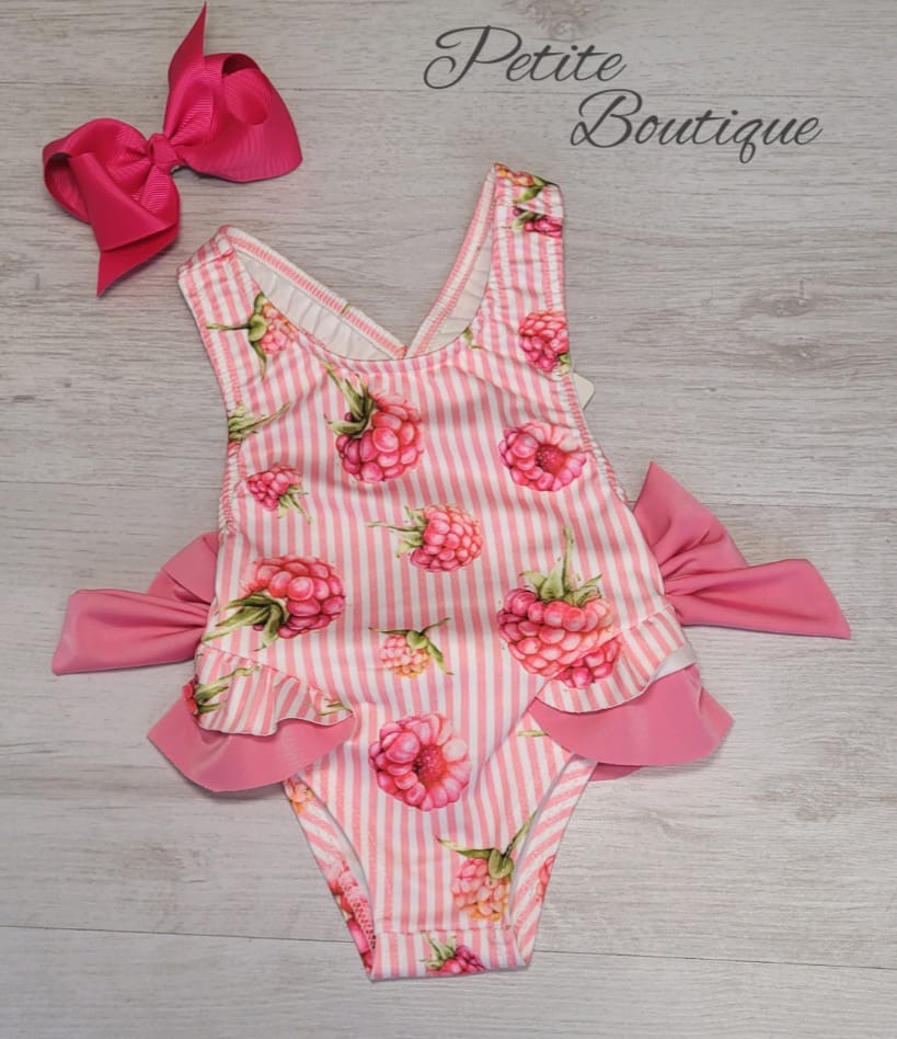 Pink double bow raspberry print swimsuit