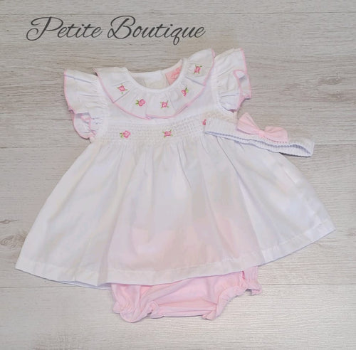 White/pink smock dress, pants & headband set