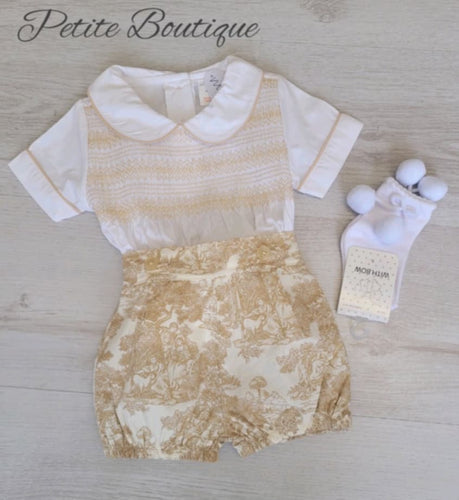 Beige/white smocked shirt & traditional print short set