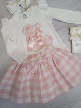 Load image into Gallery viewer, Pink ribbon teddy bear top &amp; check skirt set