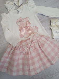 Pink ribbon teddy bear top & check skirt set