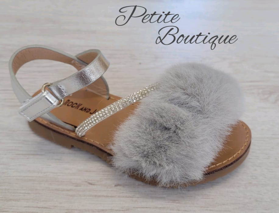 Silver faux fur strap sandals