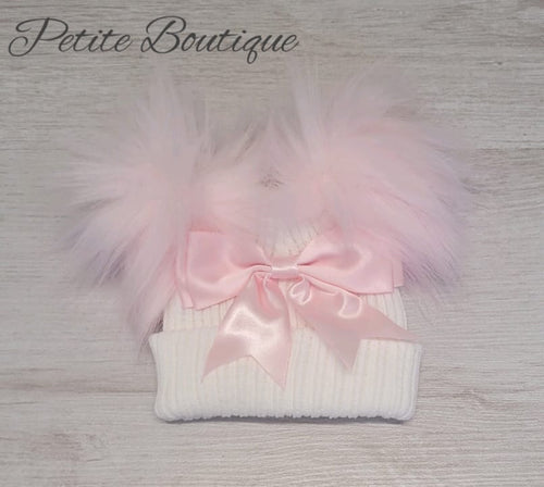 White/pink double pompom/bow hat