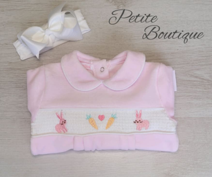 Pink bunny smock velour babygrow