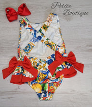Load image into Gallery viewer, Red double bow sicillian pattern swimsuit