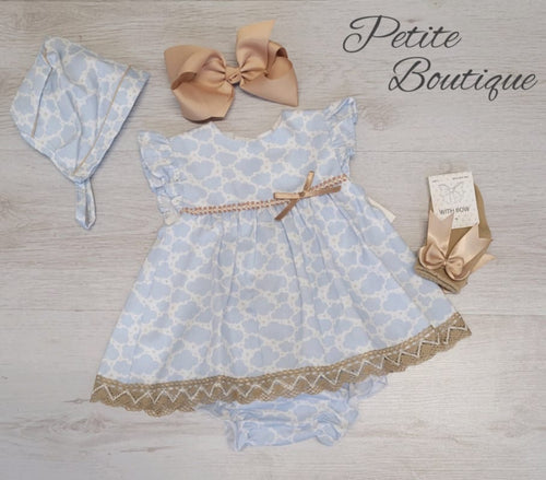 Spanish cloud print dress, pants & bonnet set