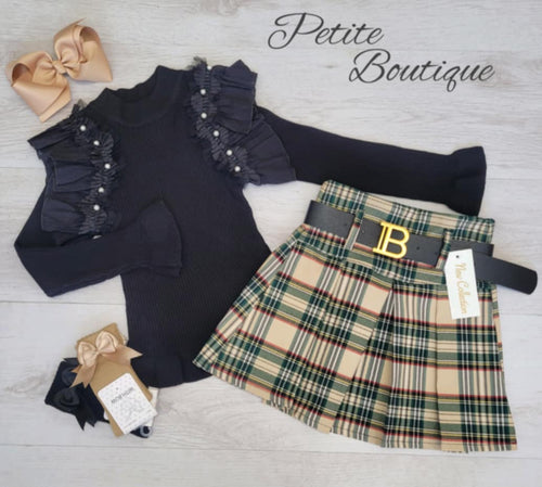 Black top & belted tan check skirt set