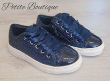 Load image into Gallery viewer, Navy glitter ribbon lace trainers