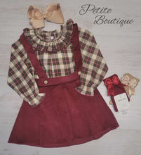 Load image into Gallery viewer, Calamaro Spanish burgundy check top &amp; braces skirt set