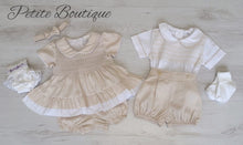Load image into Gallery viewer, Beige smocked short dress, bloomers &amp; headband