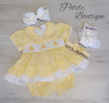 Load image into Gallery viewer, Lemon/white bunny smock dress, pants &amp; headband