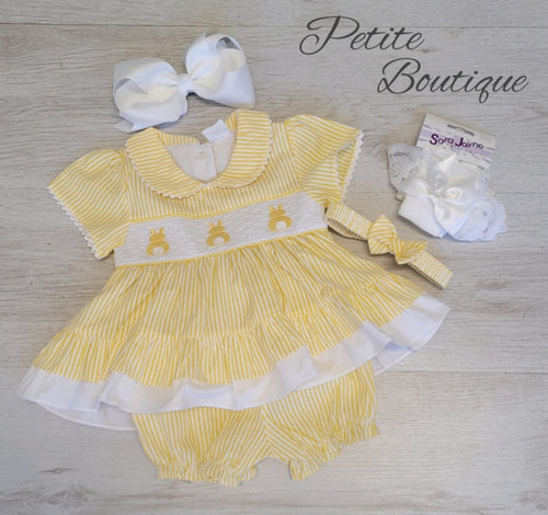 Lemon/white bunny smock dress, pants & headband