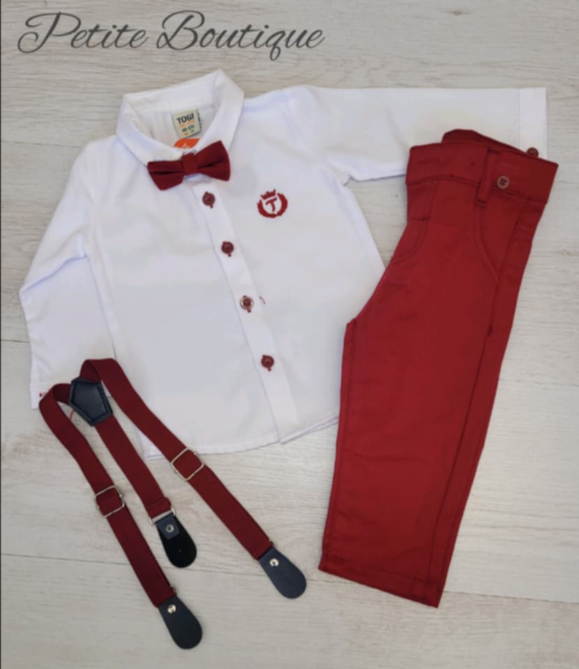 Burgundy shirt & braces trouser set