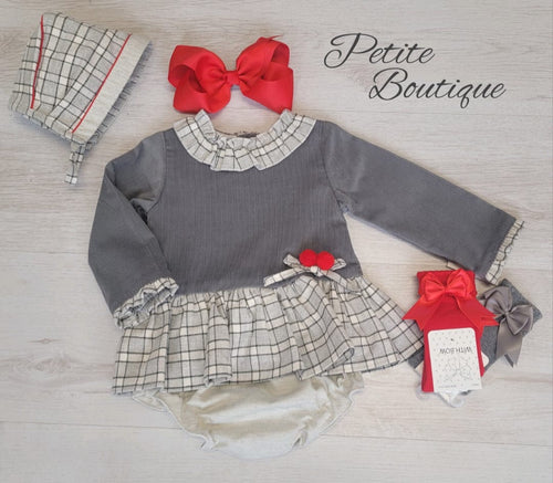 Spanish grey checked dress, pants & bonnet