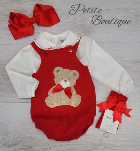Red teddy bear knit romper & shirt set