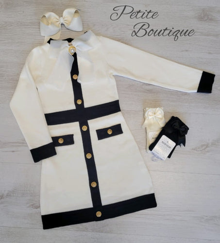 Girls white/black button design dress with detachable bow