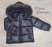 Load image into Gallery viewer, Navy blue padded winter coat with faux fur trim hood