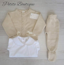 Load image into Gallery viewer, Spanish beige rocking horse 3pc set vest, knit cardigan &amp; bottoms
