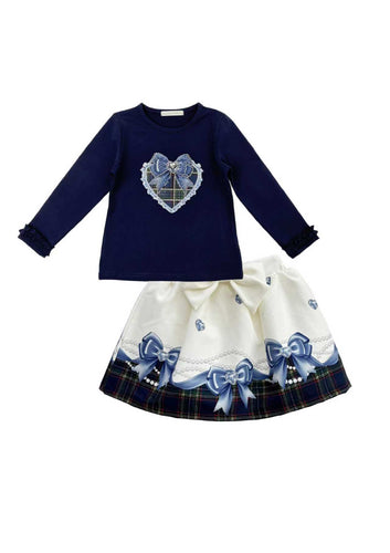 PRE ORDER Navy/cream heart top & skirt set