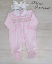 Load image into Gallery viewer, Pink heart smocked cotton babygrow