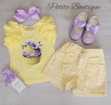 Load image into Gallery viewer, Lemon/lilac cupcake top &amp; short set