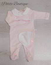 Load image into Gallery viewer, Pink crown smocked cotton babygrow &amp; hat