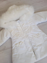 Load image into Gallery viewer, White puffer coat with faux fur trim hood