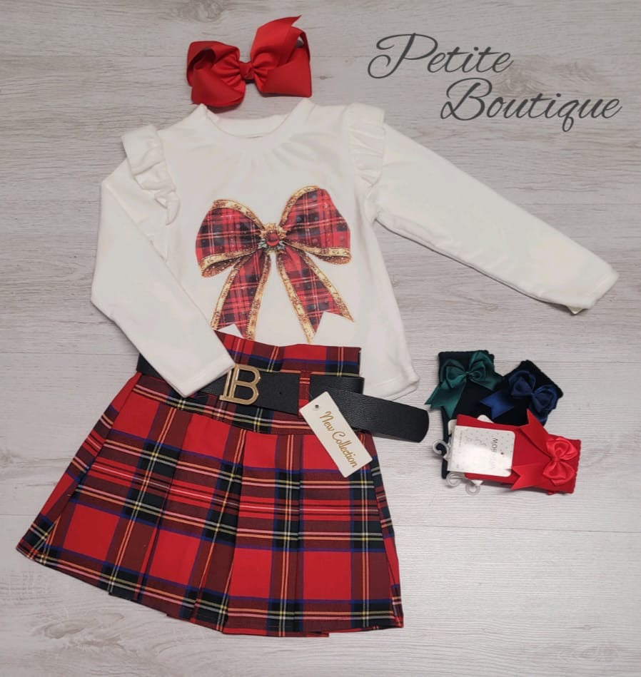 White velvet bow print top & tartan skirt set