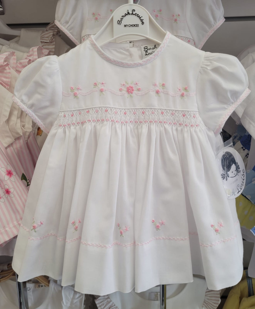 Sarah Louise white/pink embroidery smock dress