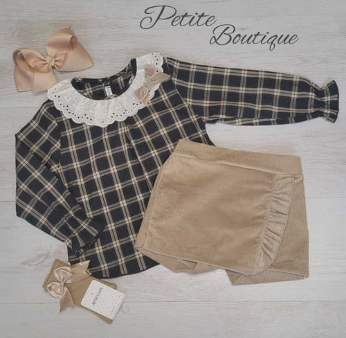 Calamaro beige check shirt & skort set