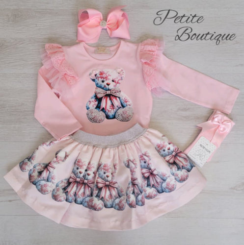 Pink teddy bear print top & skirt set