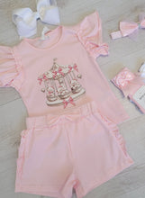 Load image into Gallery viewer, Pink teddy carousel top, short &amp; headband set