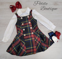 Load image into Gallery viewer, Navy tartan pinafore &amp; shirt set