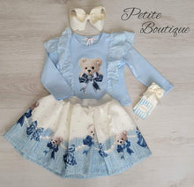 Load image into Gallery viewer, White/blue teddy bear top &amp; skirt set
