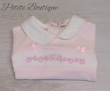 Load image into Gallery viewer, Pink crown smocked cotton babygrow &amp; hat