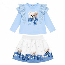 Load image into Gallery viewer, White/blue teddy bear top &amp; skirt set