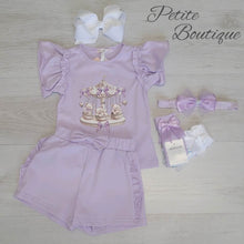 Load image into Gallery viewer, Lilac teddy carousel top, short &amp; headband set