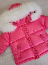 Load image into Gallery viewer, Fuchsia pink puffer coat with faux fur trim