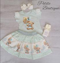 Load image into Gallery viewer, Mint green/cream teddy bear top &amp; skirt set