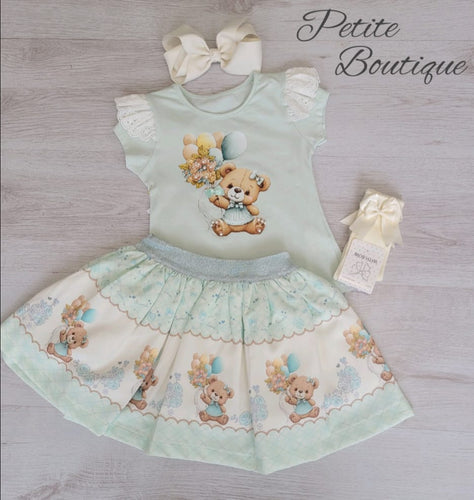 Mint green/cream teddy bear top & skirt set