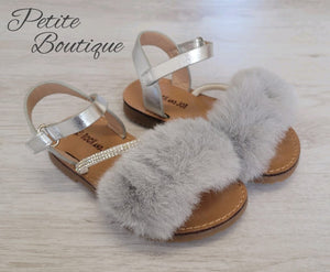 Silver faux fur strap sandals