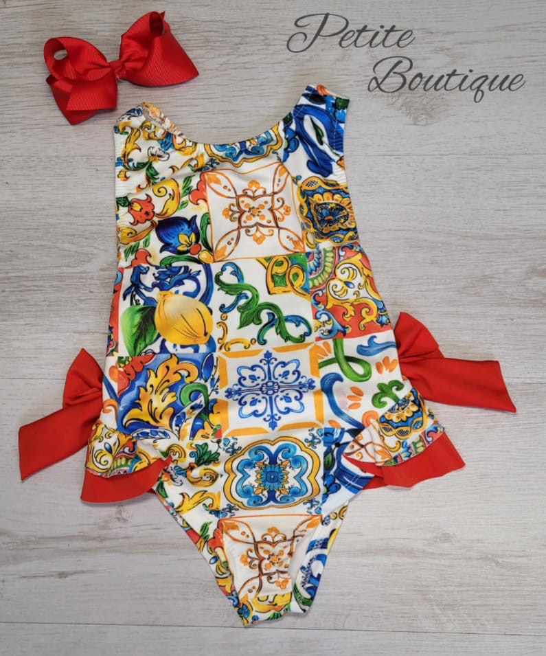Red double bow sicillian pattern swimsuit
