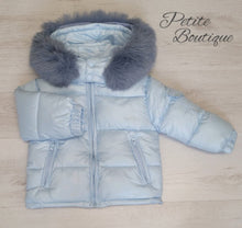 Load image into Gallery viewer, Light blue padded winter coat with faux fur trim hood