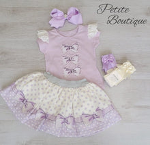 Load image into Gallery viewer, Lilac/cream bow top &amp; skirt set