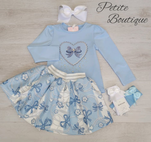 Blue bow top & skirt set