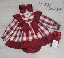 Load image into Gallery viewer, Spanish burgundy check frill dress &amp; matching pants