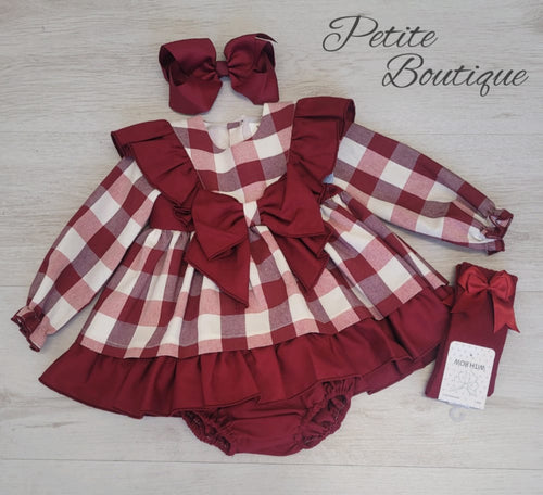 Spanish burgundy check frill dress & matching pants